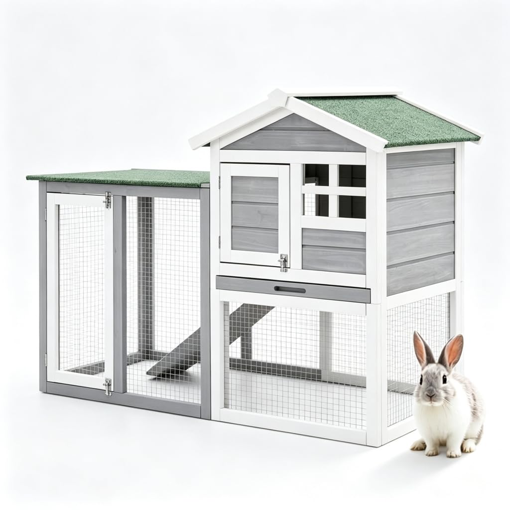 48" 2-Story Wooden Rabbit Hutch with Ramp N24672