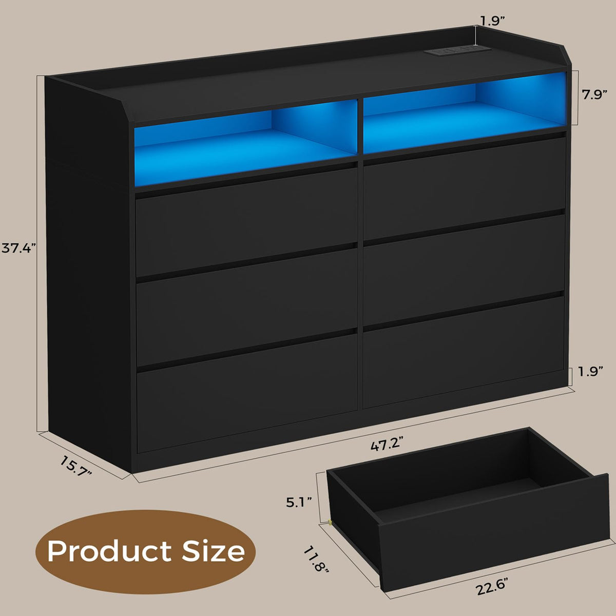Black Dresser with LED Lights and Power Strip S61642