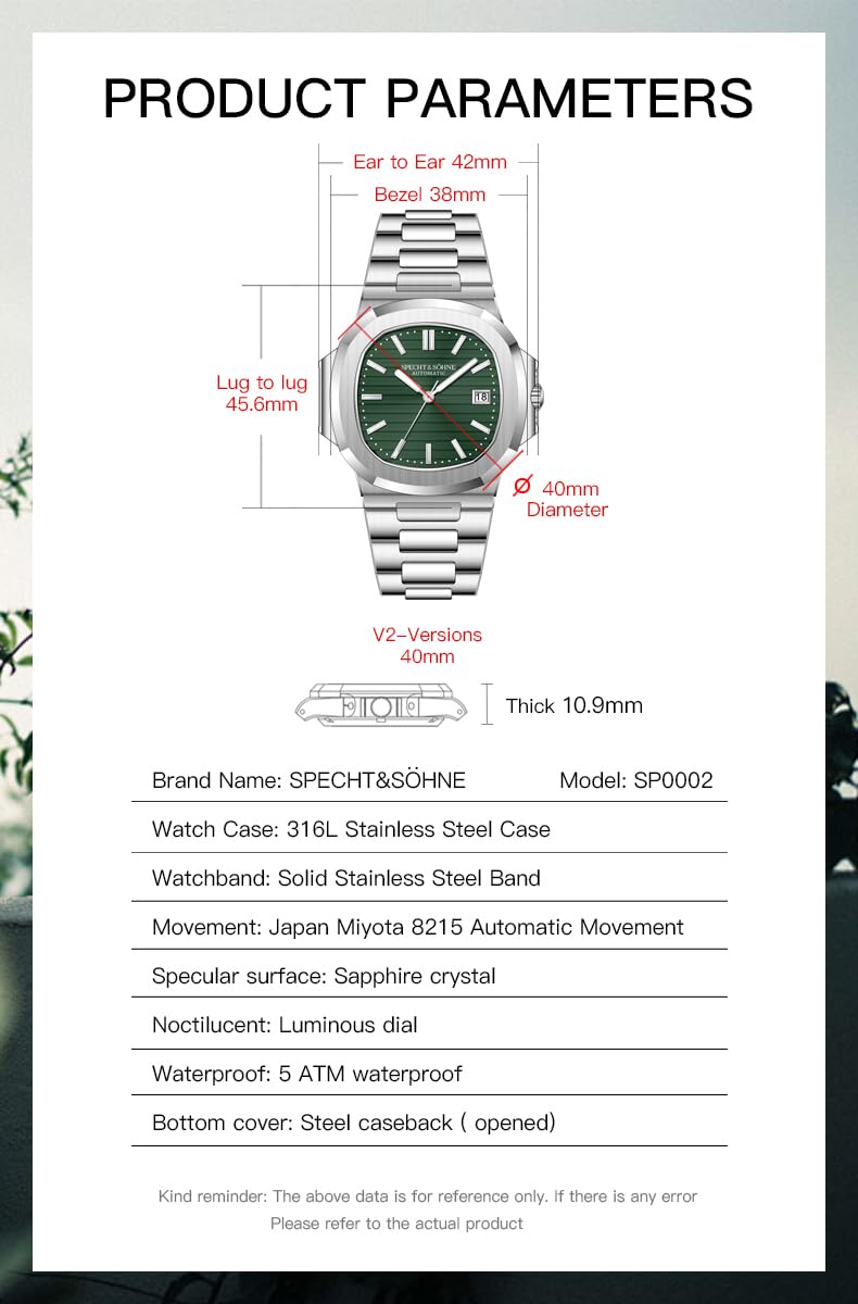 Mens Mechanical Watch Automatic Sapphire Crystal 40MM A457169