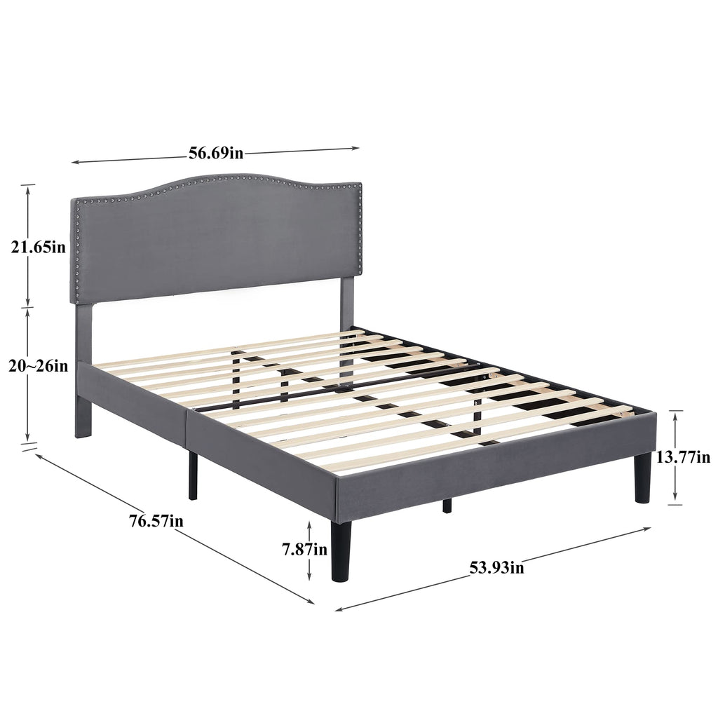 Full Bed Frame with Upholstered Headboard and Wooden Slats, Dark Grey F35349