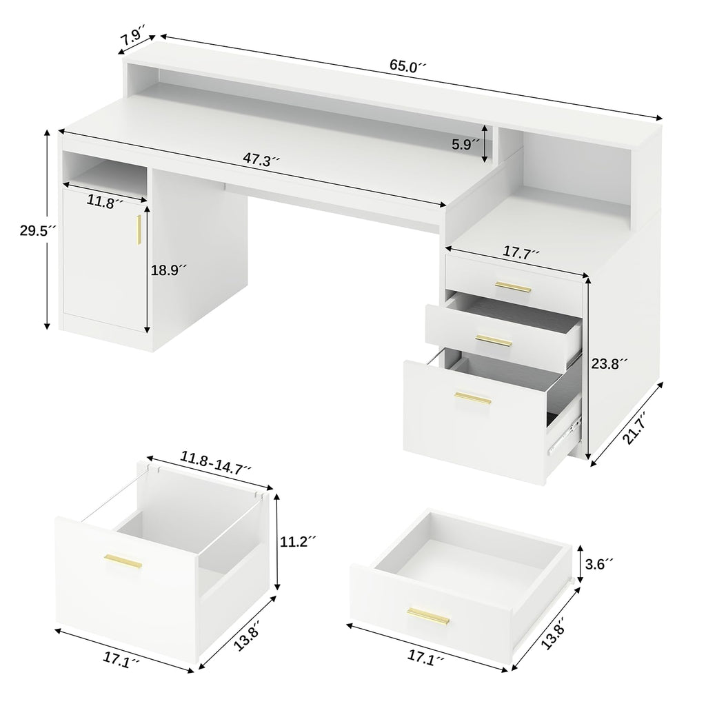 65" White Computer Desk with 3 Drawers V375479