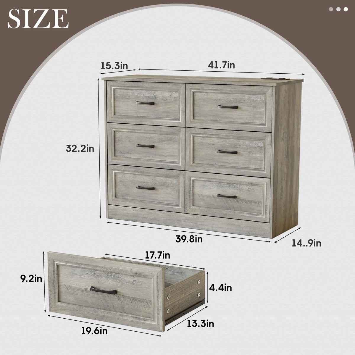 Ash Grey 6 Drawer Wood Dresser T568