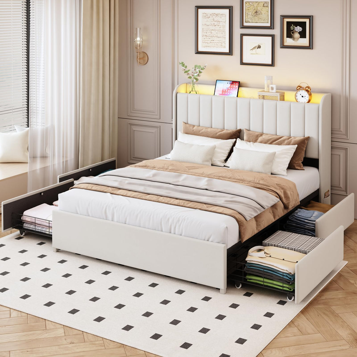Beige Upholstered Full Size Bed Frame with 4 Drawers and Storage Headboard P46875