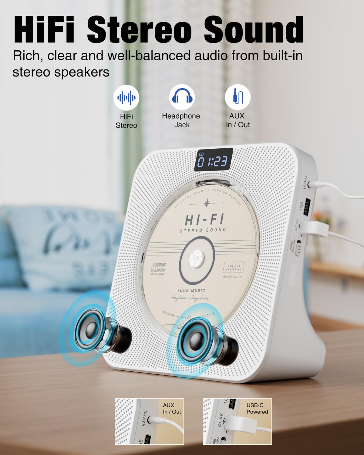 Portable CD Player with Bluetooth FM Radio USB White H193363