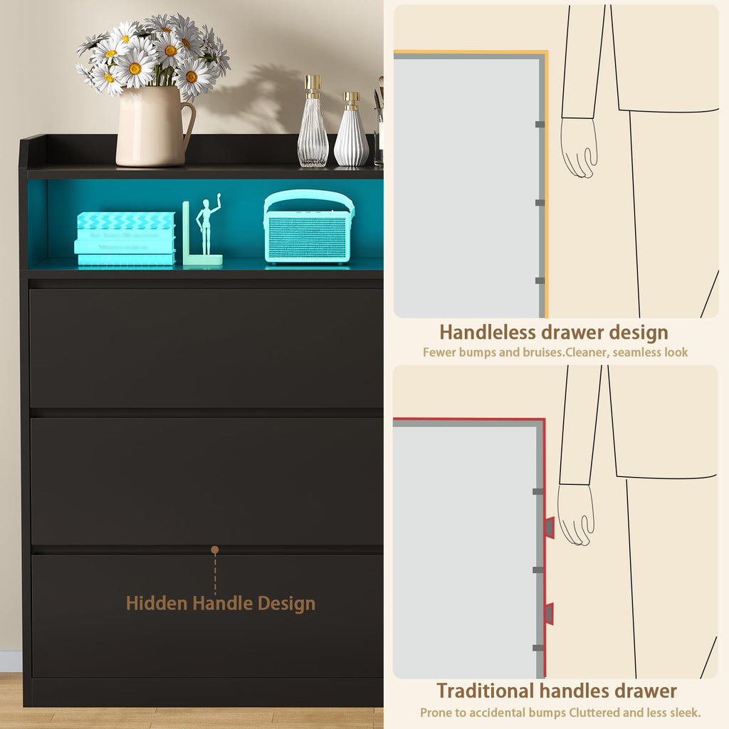 Black Dresser with LED Lights and Power Strip S61642