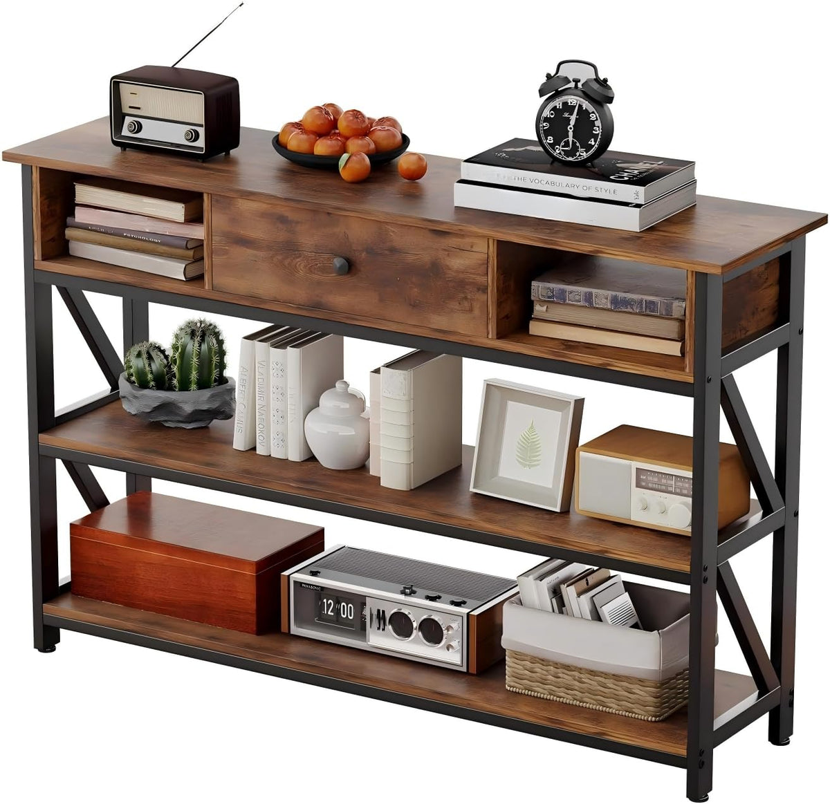47 Inch Rustic Brown Console Table with Drawer Shelves Q970