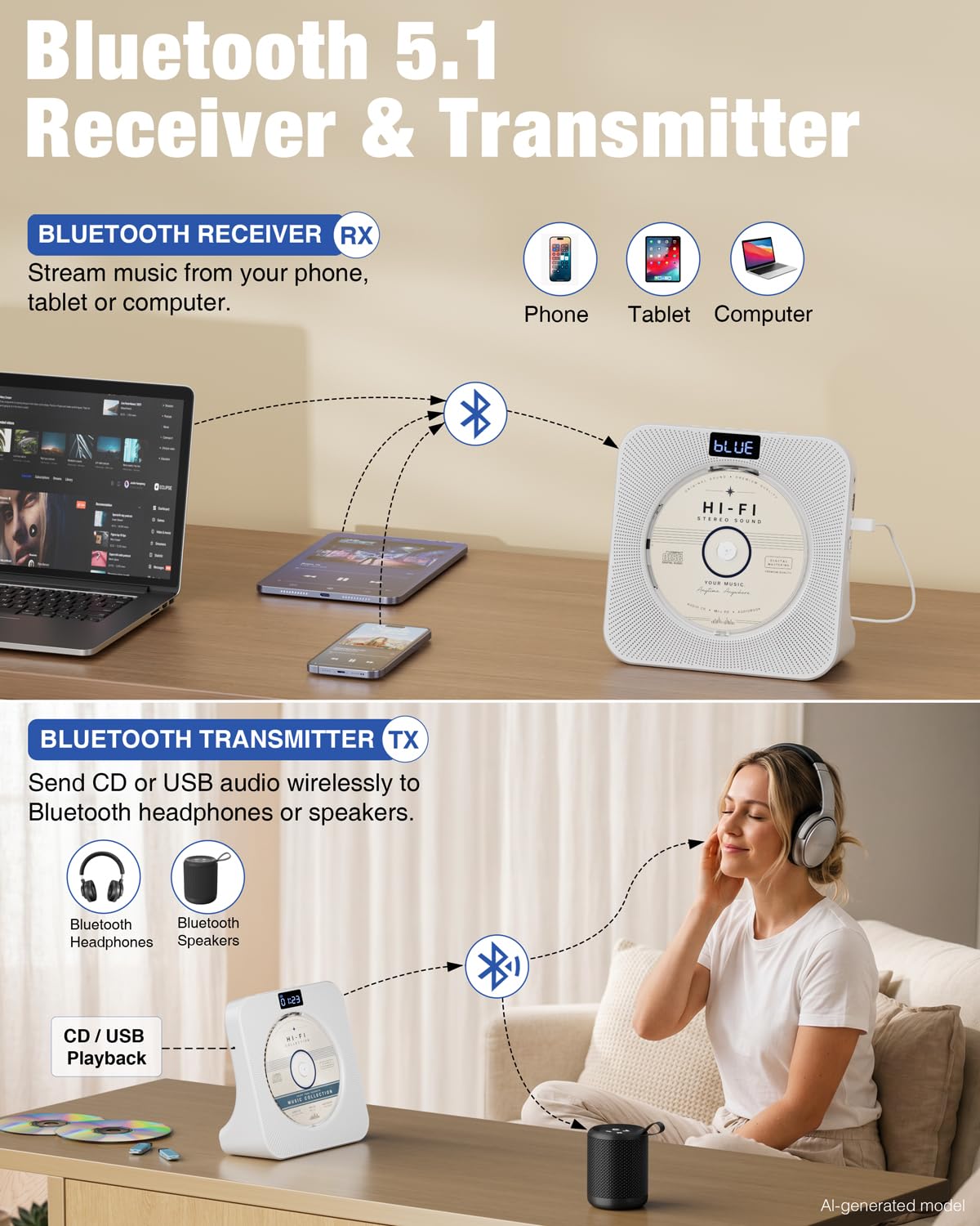Portable CD Player with Bluetooth FM Radio USB White H193363