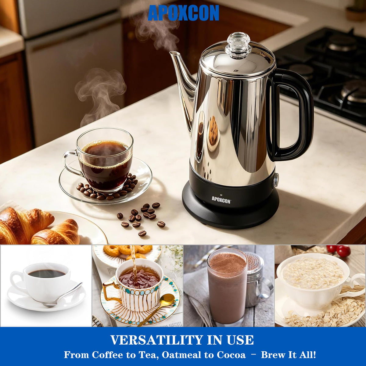 Electric Stainless Steel Coffee Percolator 1200ml 8 Cup Y5464