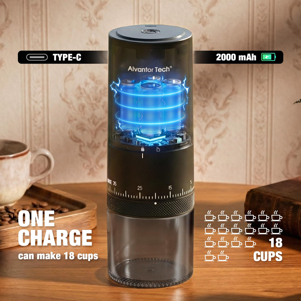 Portable Electric Burr Coffee Grinder with Ceramic Conical Burr U1428