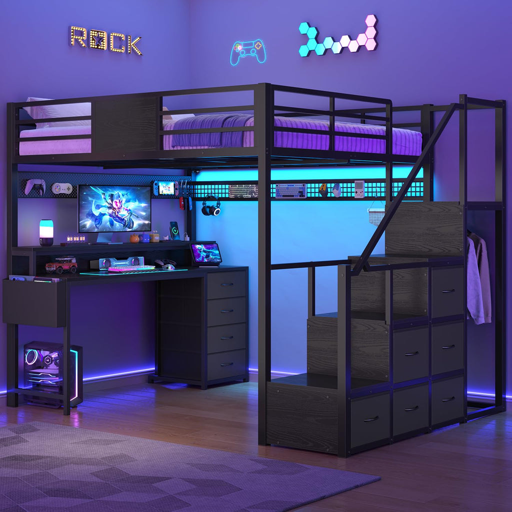 Full Size Loft Bed with Desk and Storage Stairs O696272