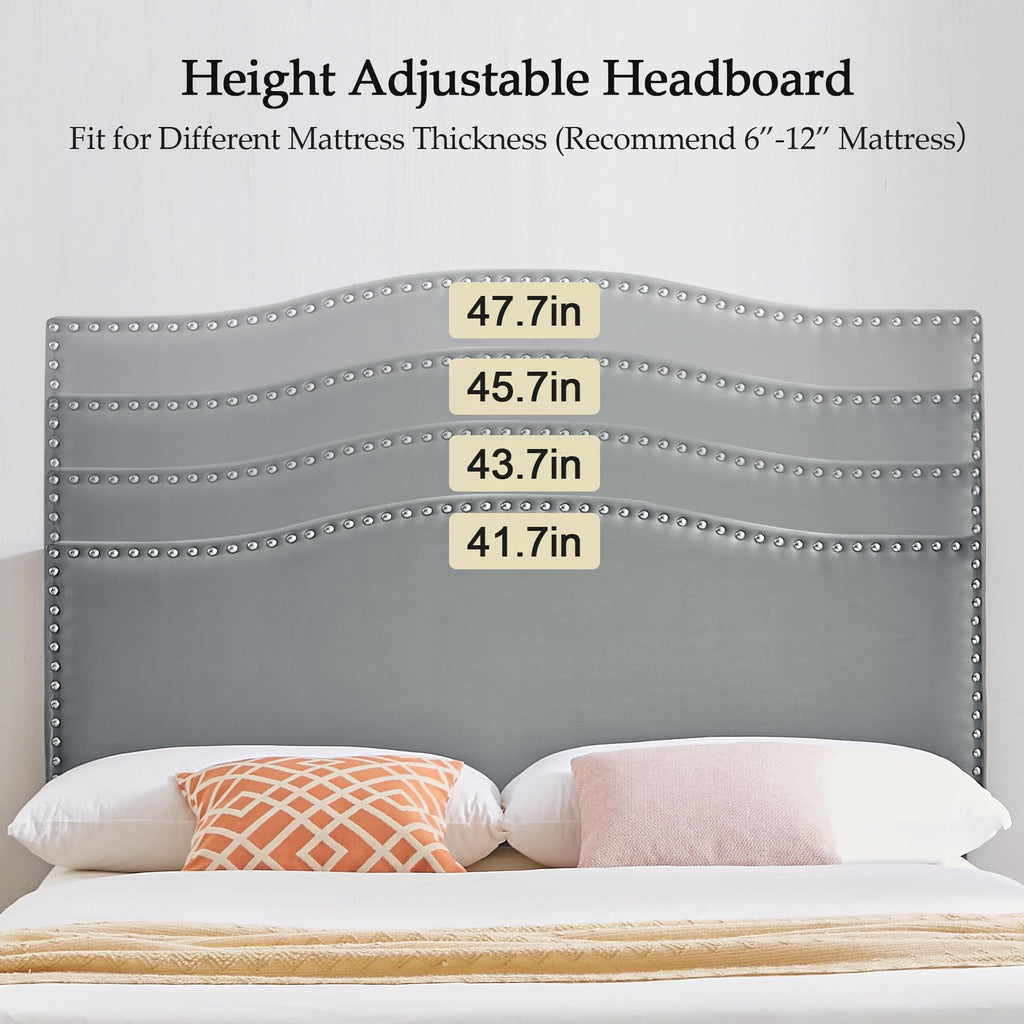 Full Bed Frame with Upholstered Headboard and Wooden Slats, Dark Grey F35349