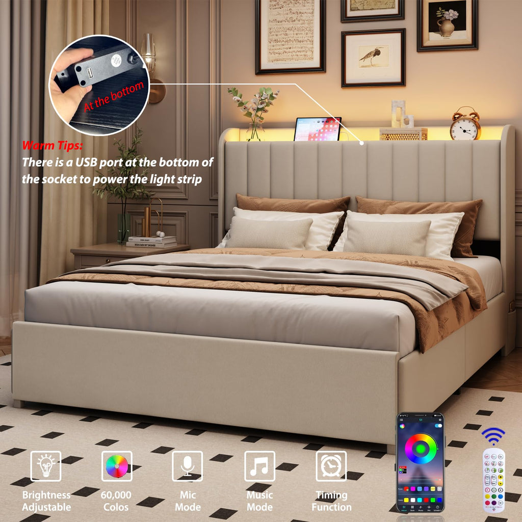 Beige Upholstered Full Size Bed Frame with 4 Drawers and Storage Headboard P46875