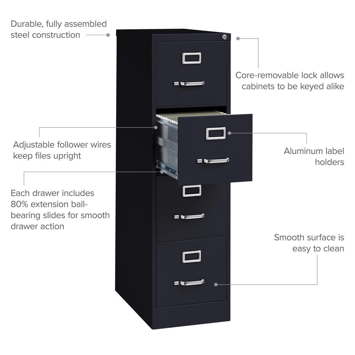 15" W 4 Drawer Vertical File Cabinet, Black, Letter A8064