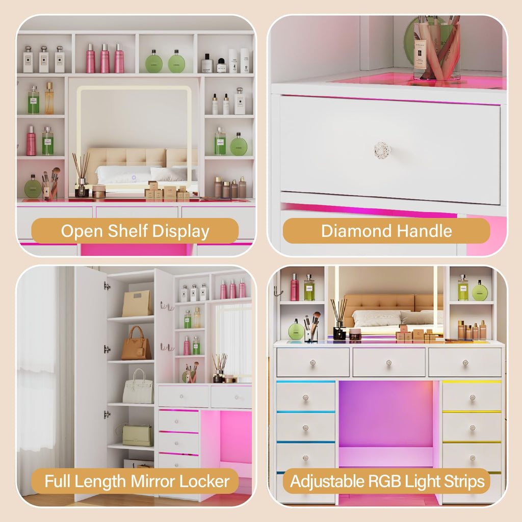 Vanity Desk with LED Mirror, 11 Drawers H885770