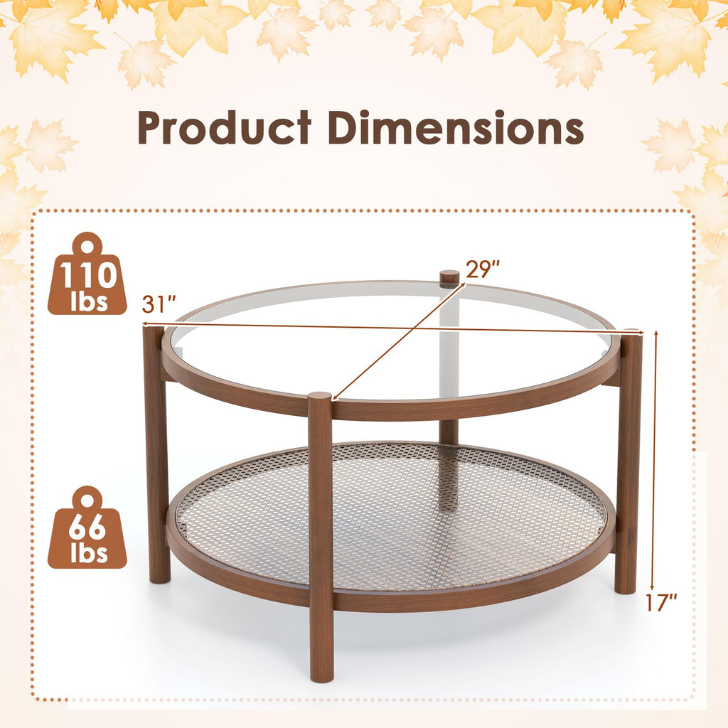 Rattan Round Glass Coffee Table with Storage Shelf U43660