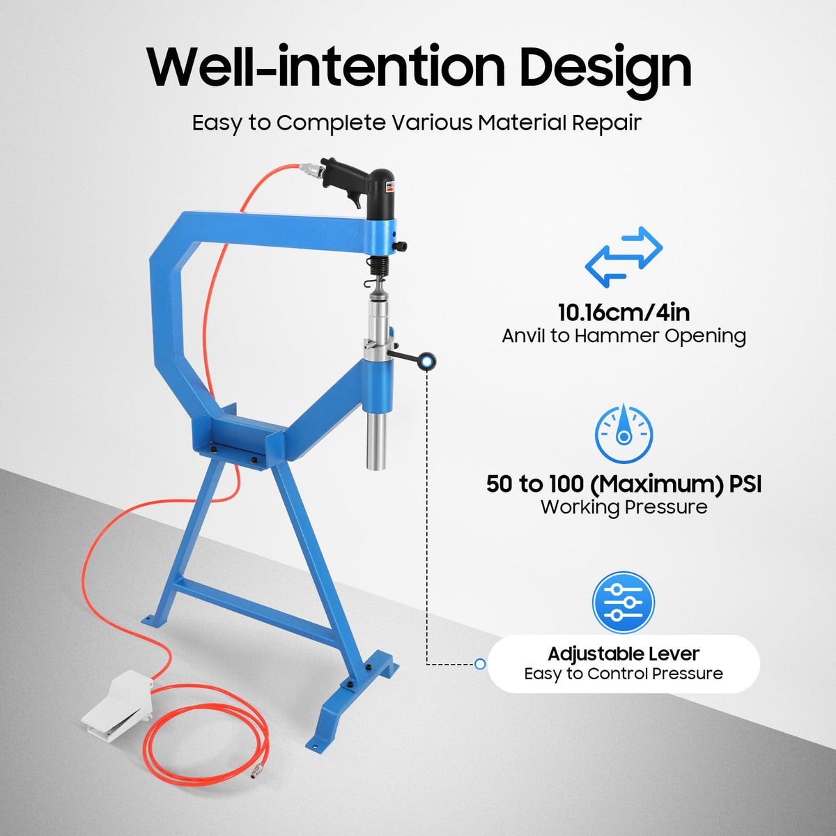 Air Powered Pneumatic Planishing Hammer with Foot Pedal and 3 Anvils O88863