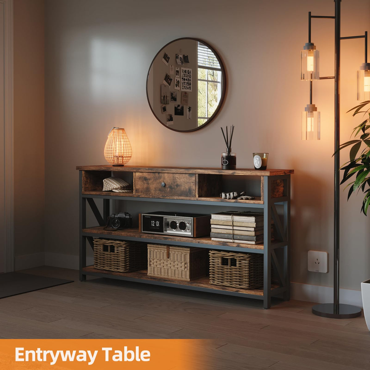 47 Inch Rustic Brown Console Table with Drawer Shelves Q970