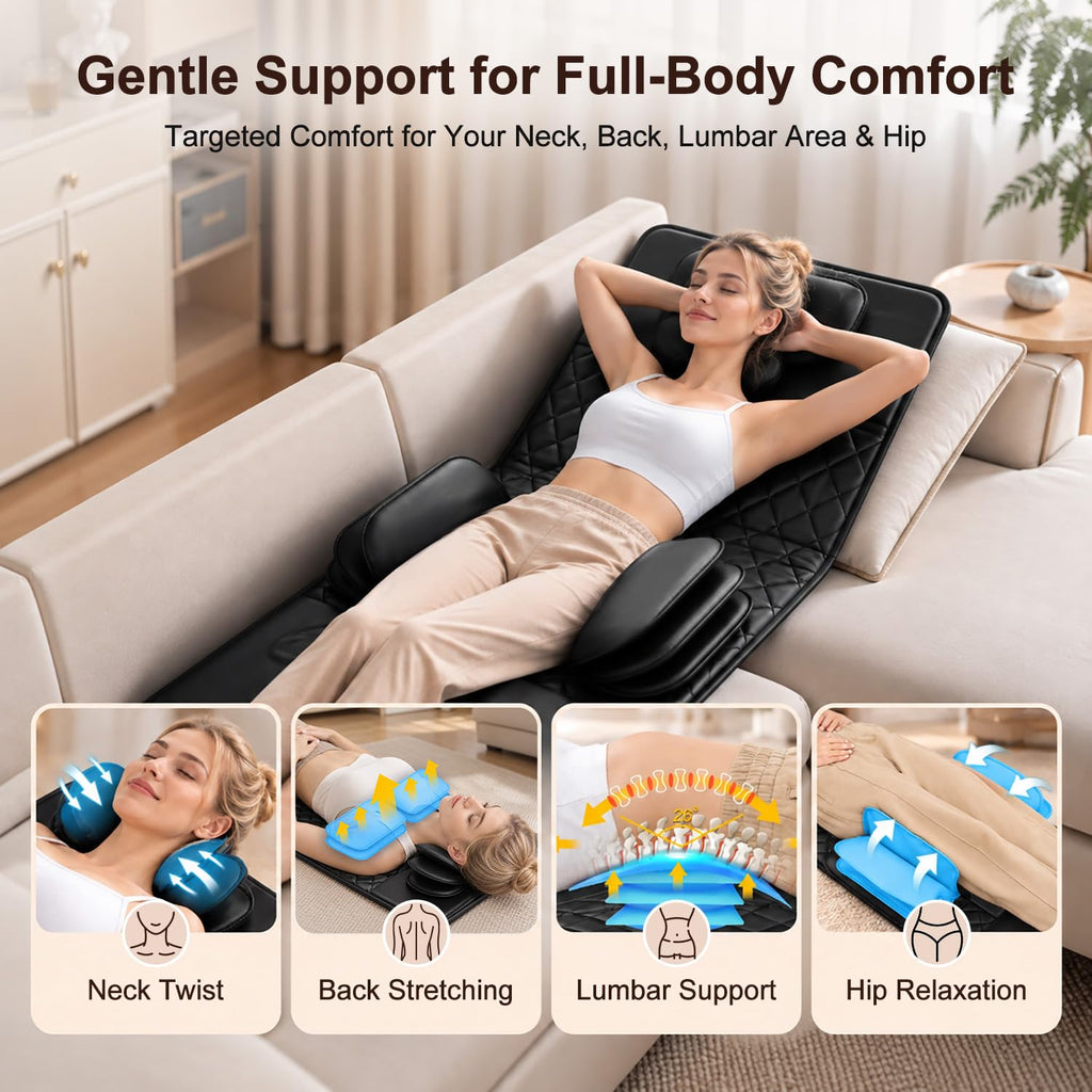 Full Body Massage Mat with Heat, 3D Stretching Back Massager Pad, 4 Modes 3 Intensities 3 Heat Levels, Portable Foldable PU Leather F4709