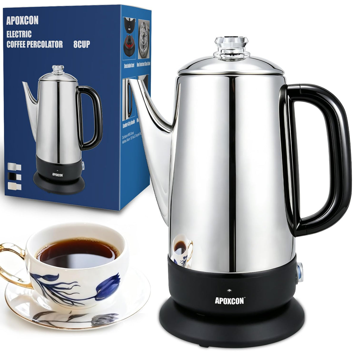 Electric Stainless Steel Coffee Percolator 1200ml 8 Cup Y5464