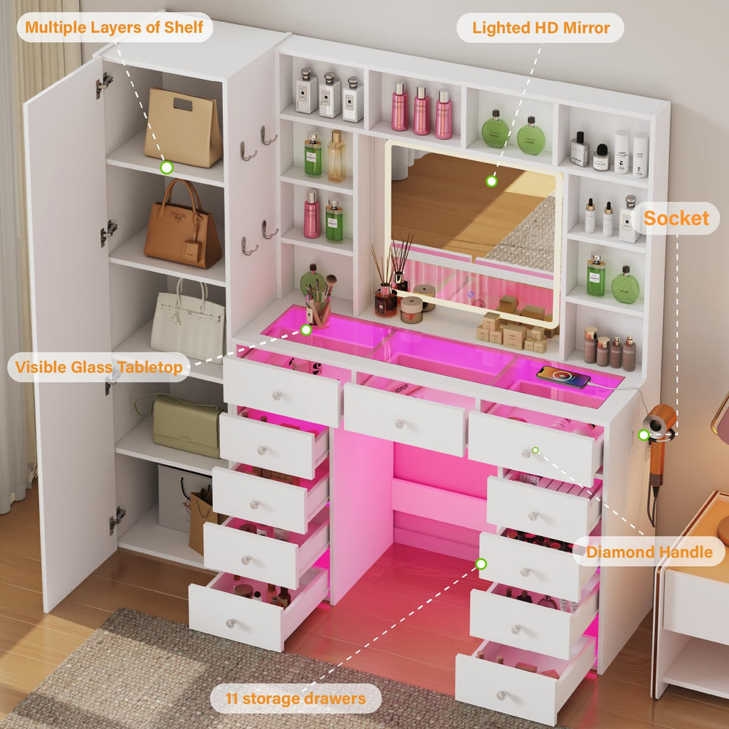 Vanity Desk with LED Mirror, 11 Drawers H885770