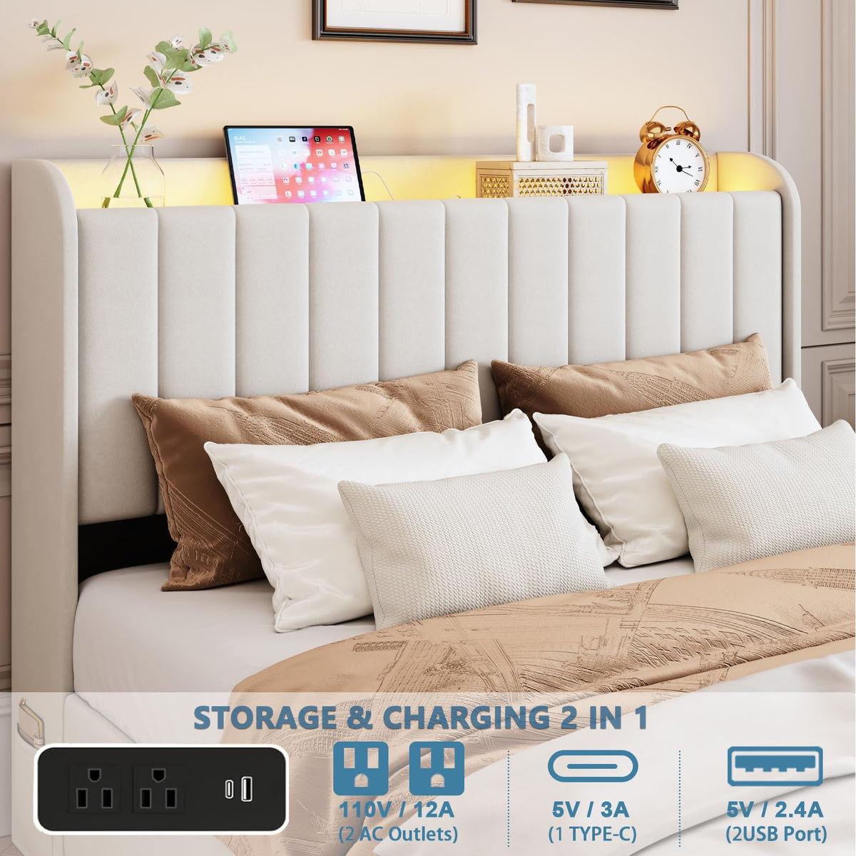 Beige Upholstered Full Size Bed Frame with 4 Drawers and Storage Headboard P46875