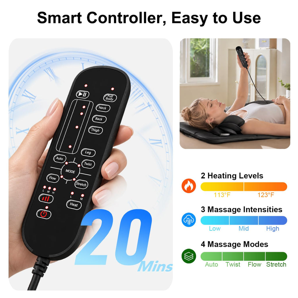 Full Body Massage Mat with Heat, 3D Stretching Back Massager Pad, 4 Modes 3 Intensities 3 Heat Levels, Portable Foldable PU Leather F4709