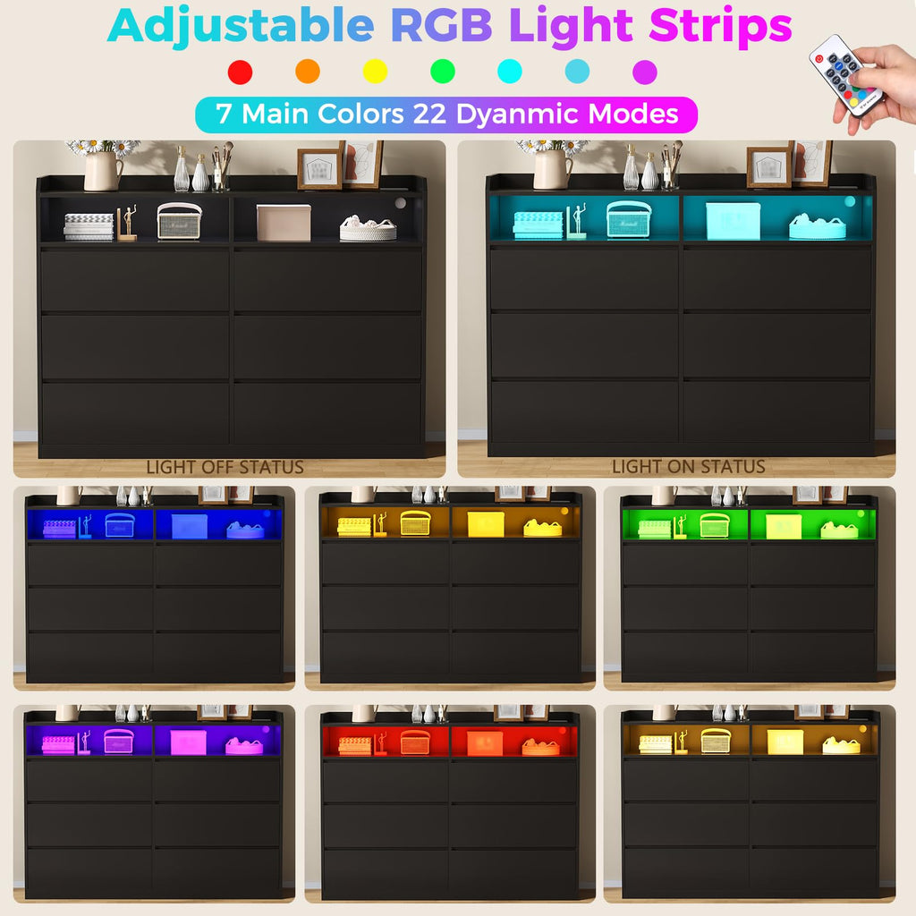 Black Dresser with LED Lights and Power Strip S61642
