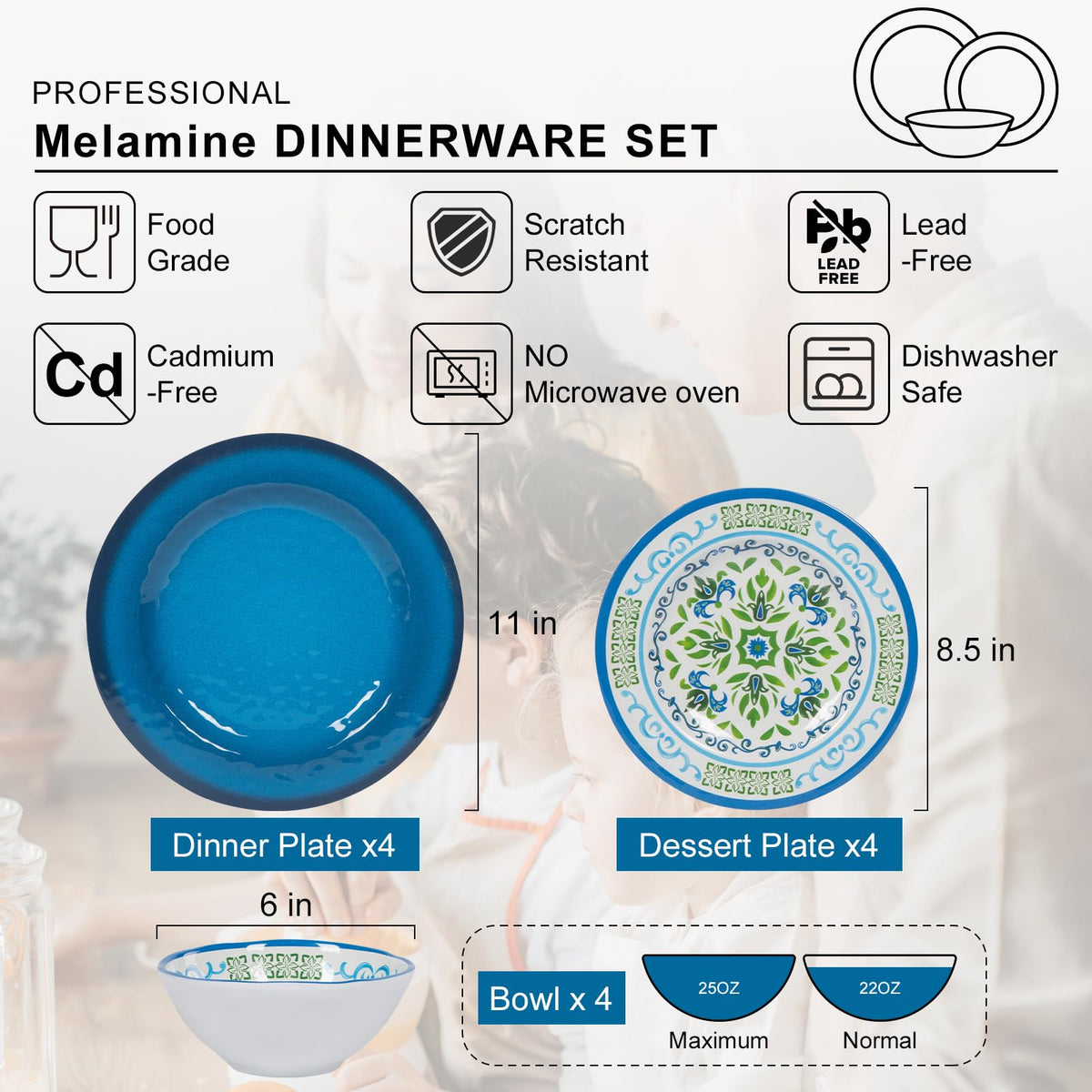 Melamine Dinnerware Set for 4, 12-Piece Blue Floral L978469