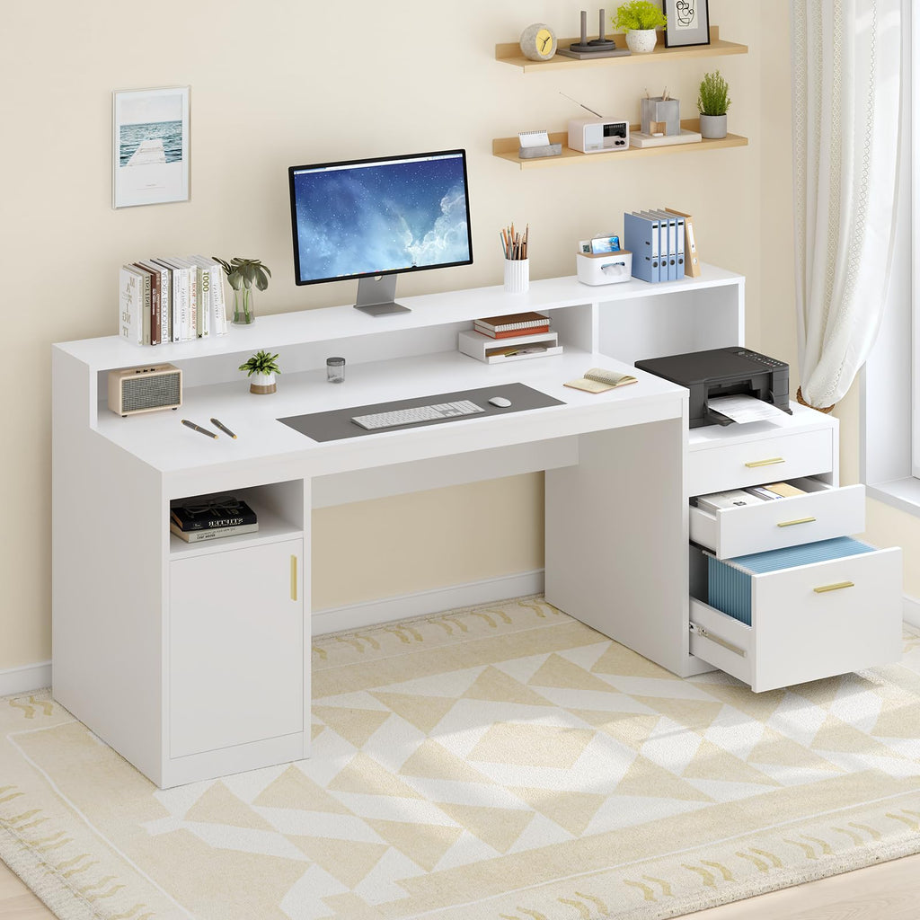 65" White Computer Desk with 3 Drawers V375479