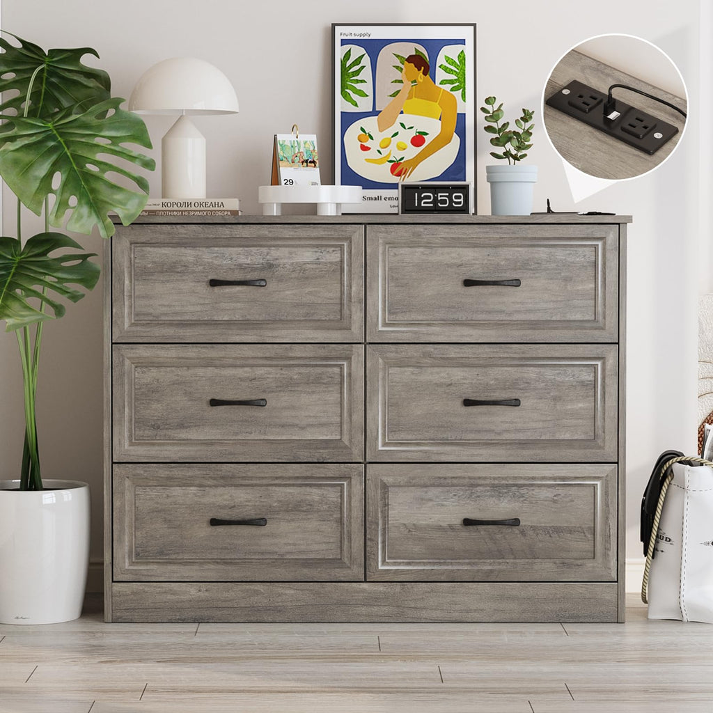 Ash Grey 6 Drawer Wood Dresser T568