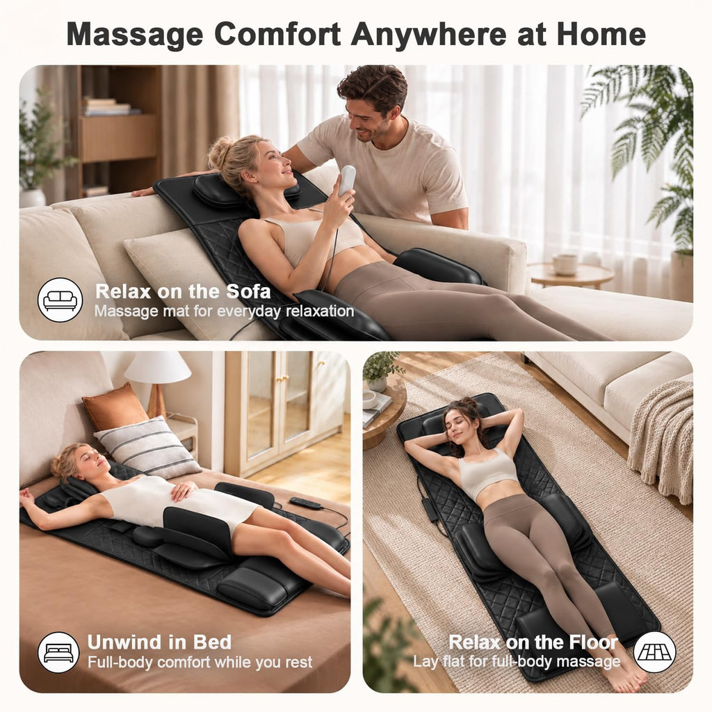 Full Body Massage Mat with Heat, 3D Stretching Back Massager Pad, 4 Modes 3 Intensities 3 Heat Levels, Portable Foldable PU Leather F4709