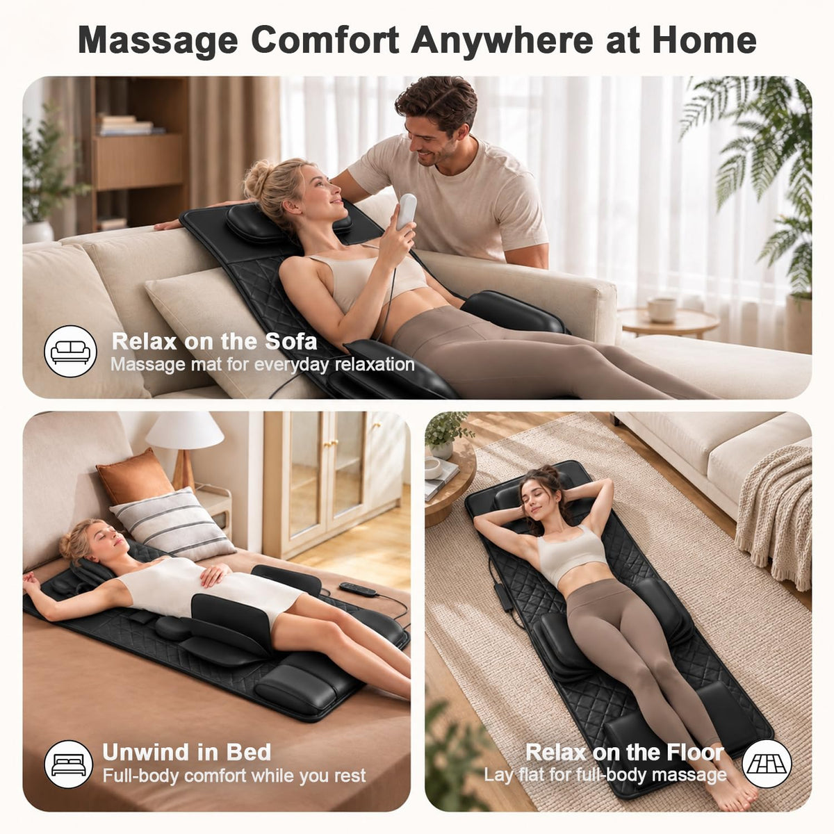Full Body Massage Mat with Heat, 3D Stretching Back Massager Pad, 4 Modes 3 Intensities 3 Heat Levels, Portable Foldable PU Leather F4709