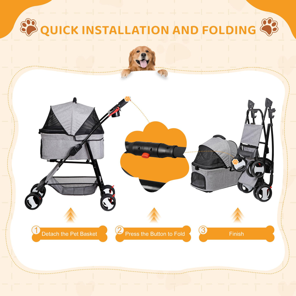 3 in1 Foldable Pet Stroller with 4 Wheels E8761
