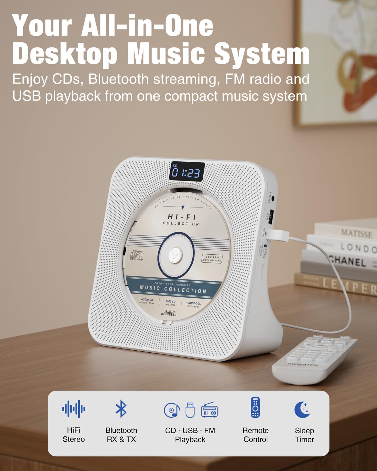 Portable CD Player with Bluetooth FM Radio USB White H193363