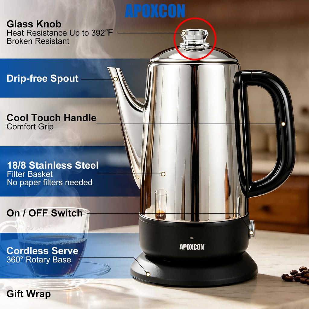 Electric Stainless Steel Coffee Percolator 1200ml 8 Cup Y5464