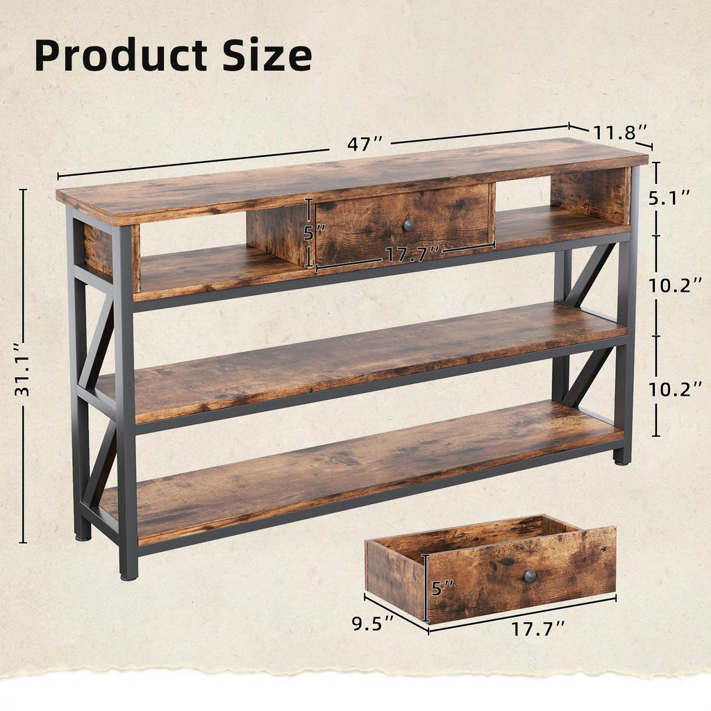 47 Inch Rustic Brown Console Table with Drawer Shelves Q970