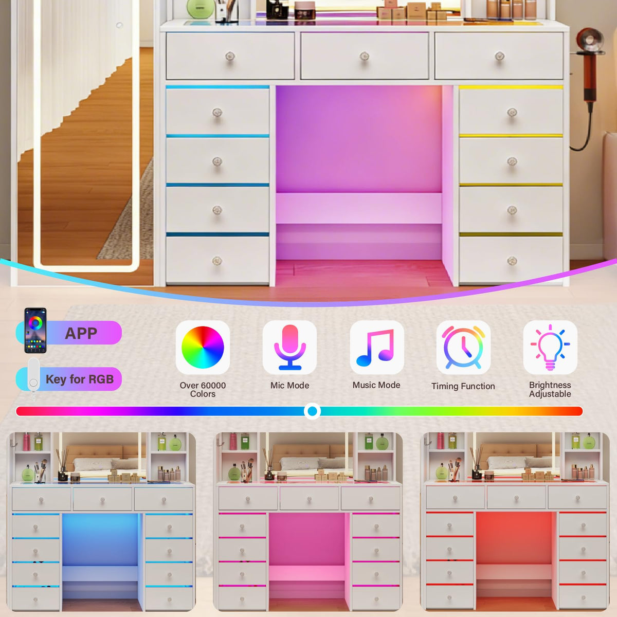 Vanity Desk with LED Mirror, 11 Drawers H885770