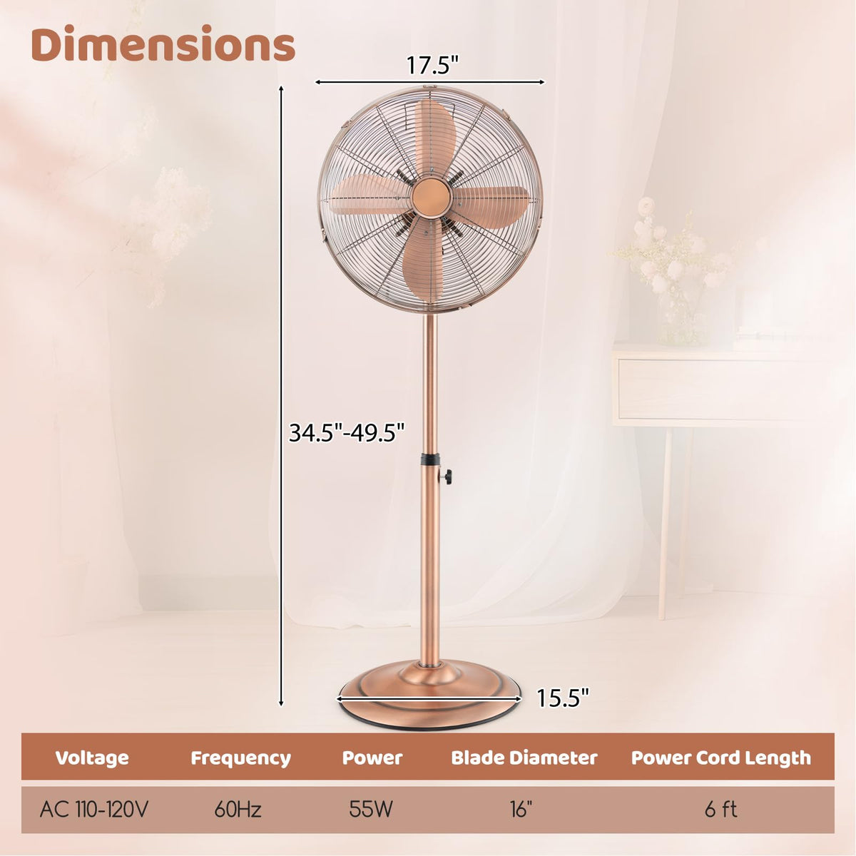16-Inch Metal Pedestal Fan with Adjustable Height, 3 Speeds, Oscillation Q3937