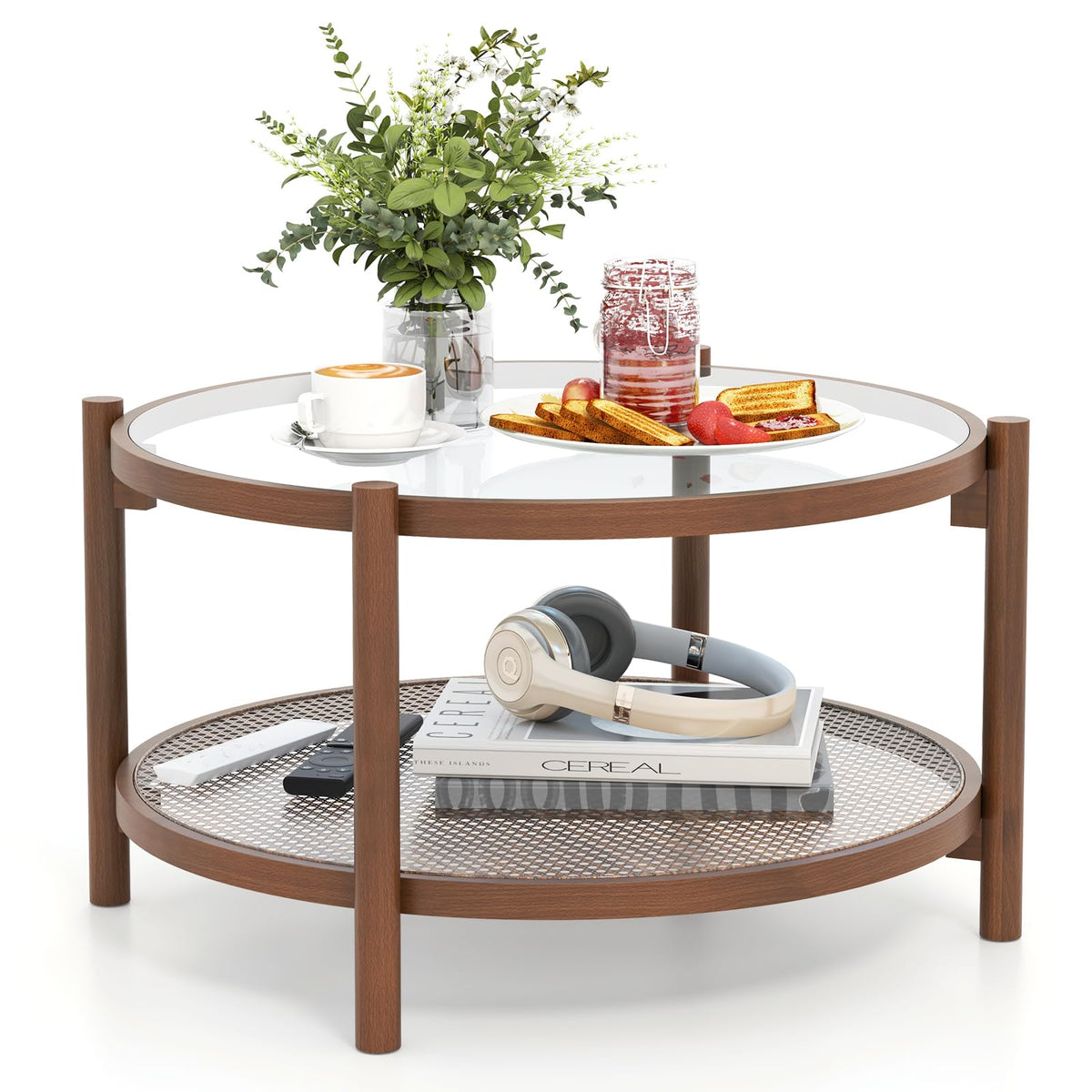 Rattan Round Glass Coffee Table with Storage Shelf U43660