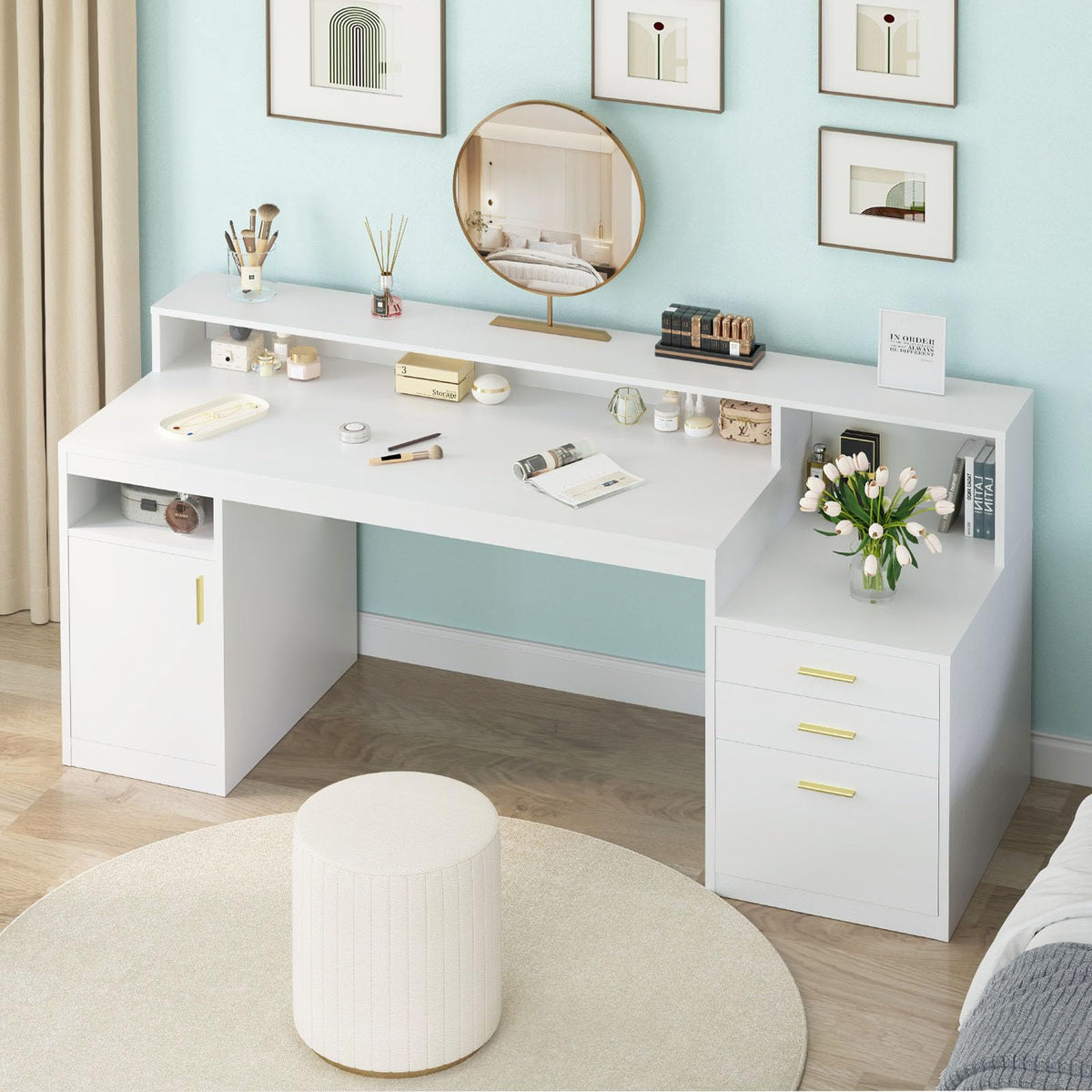 65" White Computer Desk with 3 Drawers V375479