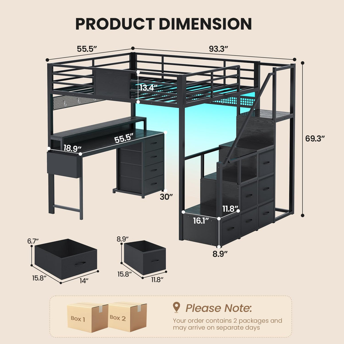 Full Size Loft Bed with Desk and Storage Stairs O696272