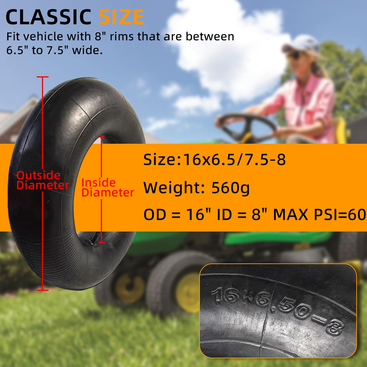 2 Pack 16x6.50-8/7.50-8 Lawn Mower Tire Inner Tubes with TR-13 Straight Valve Stem M8108