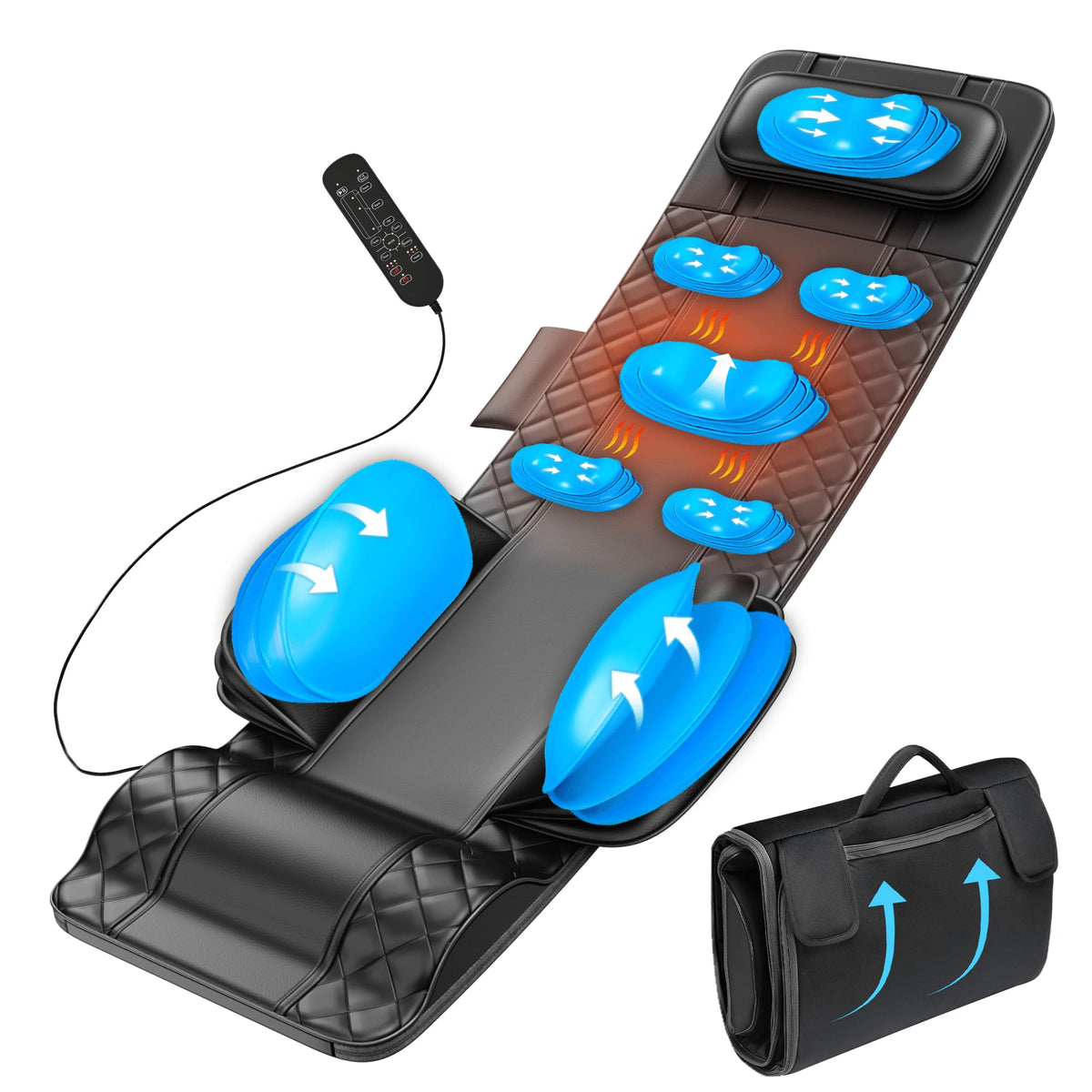 Full Body Massage Mat with Heat, 3D Stretching Back Massager Pad, 4 Modes 3 Intensities 3 Heat Levels, Portable Foldable PU Leather F4709