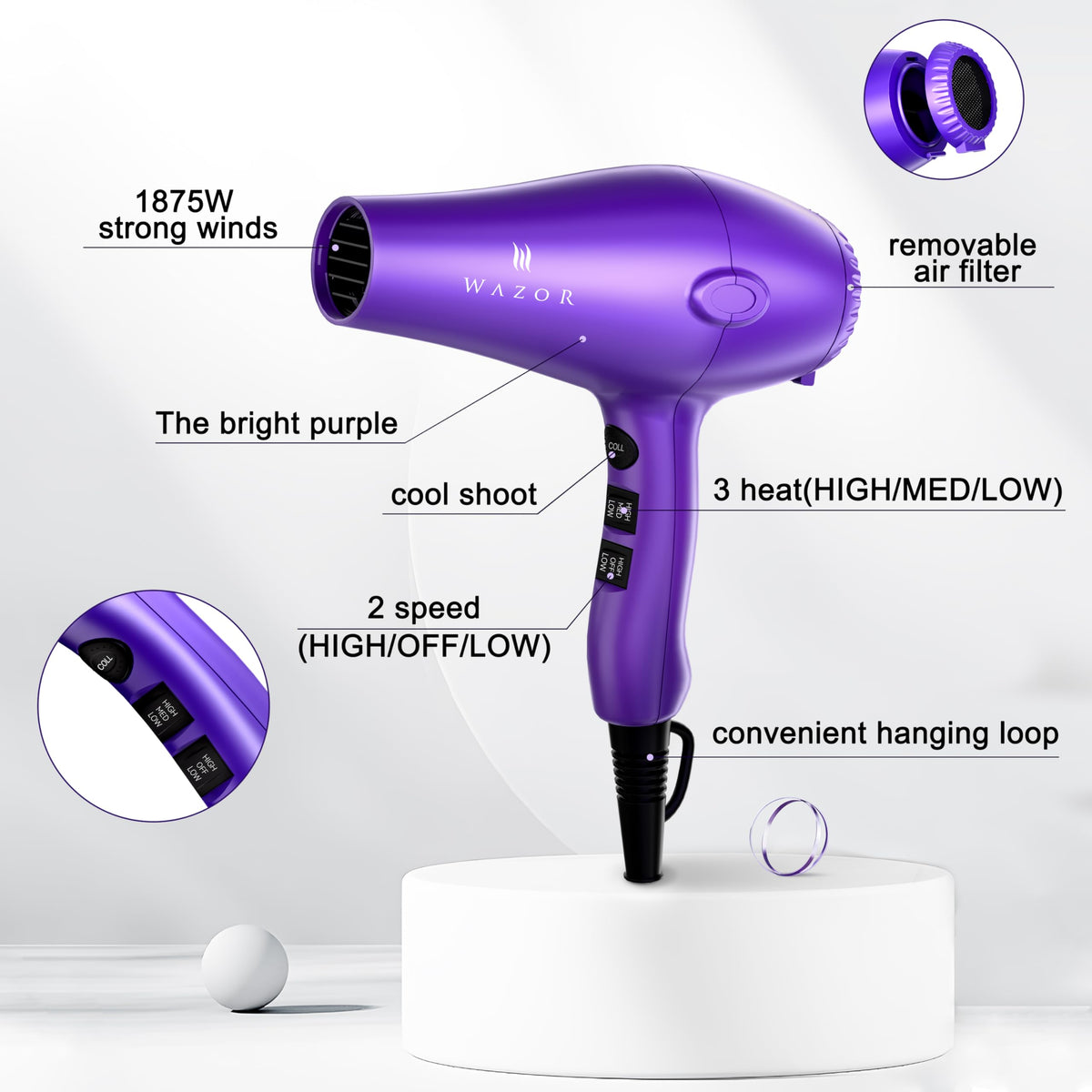 1875W Lightweight Quiet Ionic Hair Dryer C563