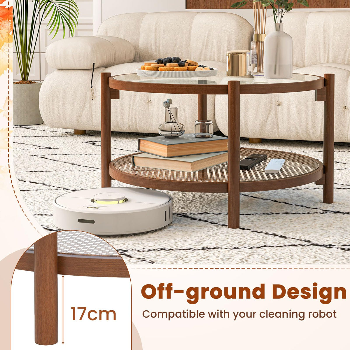 Rattan Round Glass Coffee Table with Storage Shelf U43660