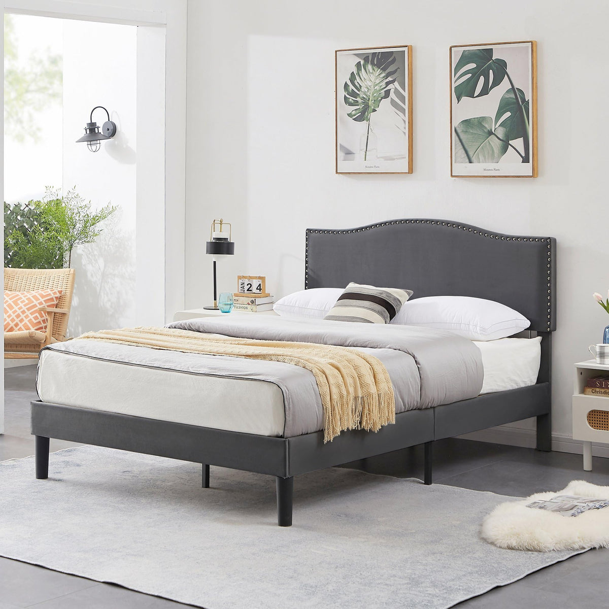 Full Bed Frame with Upholstered Headboard and Wooden Slats, Dark Grey F35349