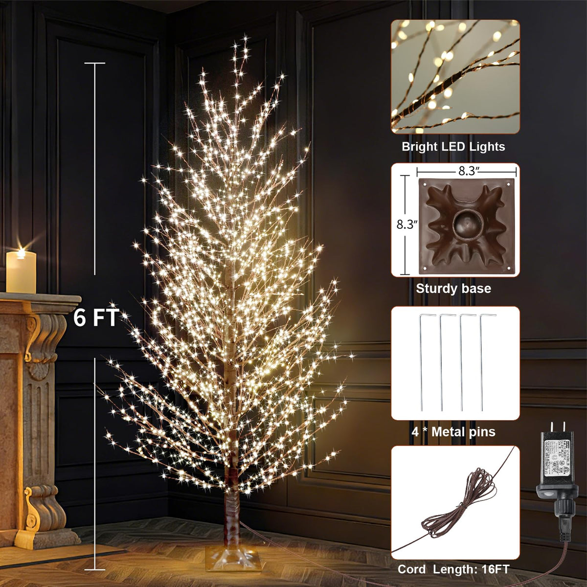 6FT Brown Lighted Birch Tree 1300LEDs Warm White Lights G98832