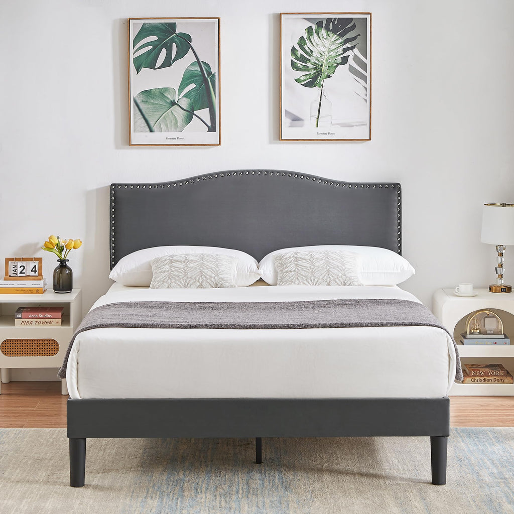 Full Bed Frame with Upholstered Headboard and Wooden Slats, Dark Grey F35349