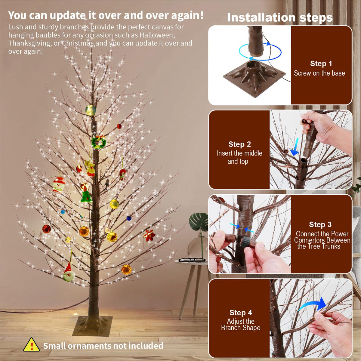 6FT Brown Lighted Birch Tree 1300LEDs Warm White Lights G98832