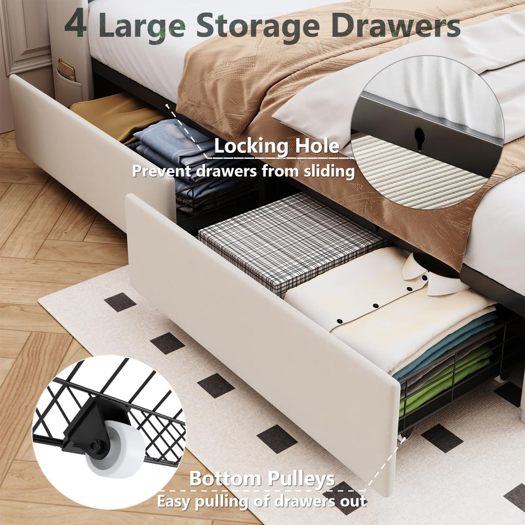Beige Upholstered Full Size Bed Frame with 4 Drawers and Storage Headboard P46875
